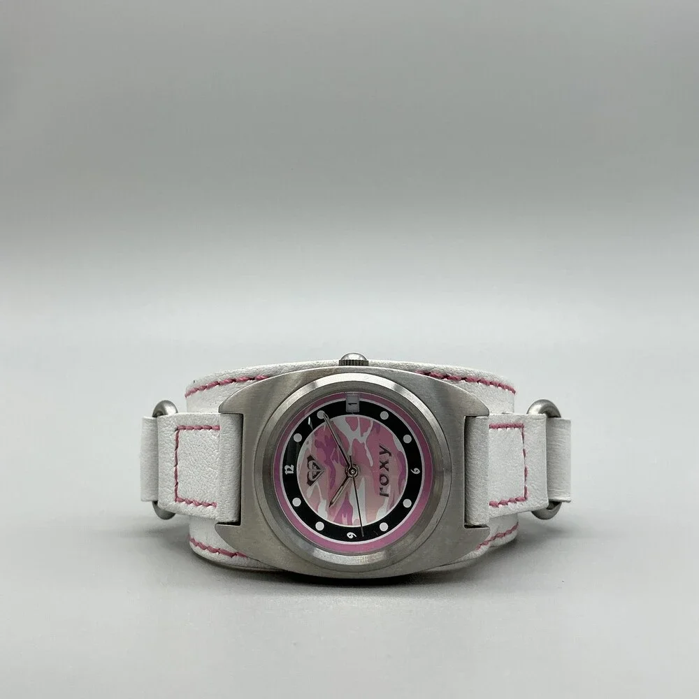 Roxy Womens Watch 30mm Pink Camo Logo Dial White Leather Bund Strap New Battery